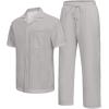 imageUOUA Mens Summer 2 Piece Set Casual Outfits Button Short Sleeve Shirt ampamp Loose Pants Textured Striped Tracksuit Walking SuitsClassicgrey