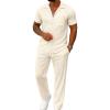 imageUOUA Mens Summer 2 Piece Set Casual Outfits Button Short Sleeve Shirt ampamp Loose Pants Textured Striped Tracksuit Walking SuitsClassicbeige