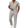 imageUOUA Mens Summer 2 Piece Set Casual Outfits Button Short Sleeve Shirt ampamp Loose Pants Textured Striped Tracksuit Walking SuitsClassicgrey