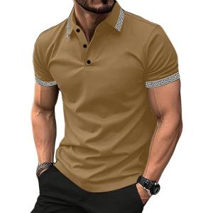 imageUOUA Mens Casual Polo Shirts Classic Short Sleeve Collared T Shirt Button Golf Slim Fit Tee Tops01 Brown