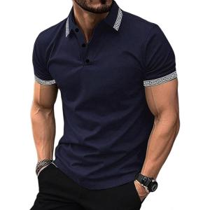 imageUOUA Mens Casual Polo Shirts Classic Short Sleeve Collared T Shirt Button Golf Slim Fit Tee Tops01 Navy Blue