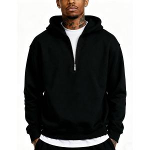 imageUOUA Mens Graphic Quarter Zip Hoodies Casual Long Sleeve Drop Shoulder Sweatshirt Pullover Streetwear TopBlack