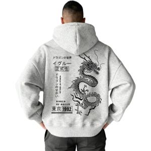 imageUOUA Mens Graphic Quarter Zip Hoodies Casual Long Sleeve Drop Shoulder Sweatshirt Pullover Streetwear TopDragonmottle Grey