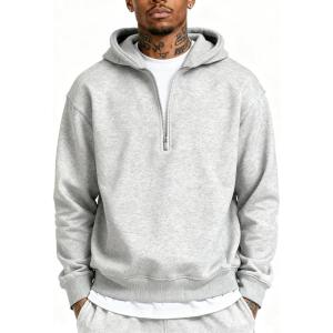 imageUOUA Mens Graphic Quarter Zip Hoodies Casual Long Sleeve Drop Shoulder Sweatshirt Pullover Streetwear TopMottle Grey