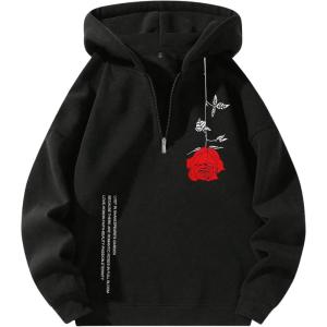 imageUOUA Mens Graphic Quarter Zip Hoodies Casual Long Sleeve Drop Shoulder Sweatshirt Pullover Streetwear TopRoseblack