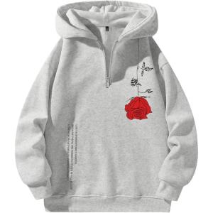 imageUOUA Mens Graphic Quarter Zip Hoodies Casual Long Sleeve Drop Shoulder Sweatshirt Pullover Streetwear TopRosemottle Grey