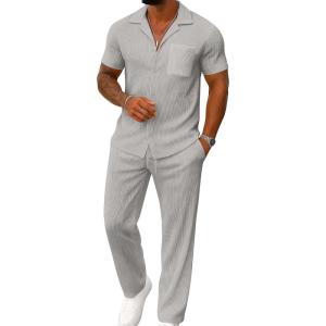 imageUOUA Mens Summer 2 Piece Set Casual Outfits Button Short Sleeve Shirt ampamp Loose Pants Textured Striped Tracksuit Walking SuitsClassicgrey