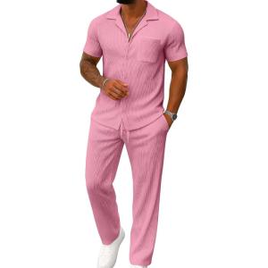 imageUOUA Mens Summer 2 Piece Set Casual Outfits Button Short Sleeve Shirt ampamp Loose Pants Textured Striped Tracksuit Walking SuitsClassicpink