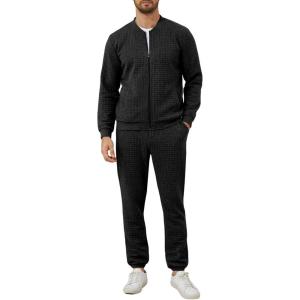 imageUOUA Mens Tracksuit 2 Piece Sets Casual Sweatsuit with Full Zip Athletic Jogging Suits Waffle Plaid Jacquard OutfitsBlack