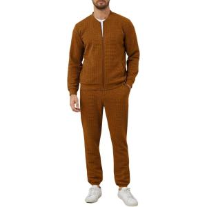 imageUOUA Mens Tracksuit 2 Piece Sets Casual Sweatsuit with Full Zip Athletic Jogging Suits Waffle Plaid Jacquard OutfitsBrown