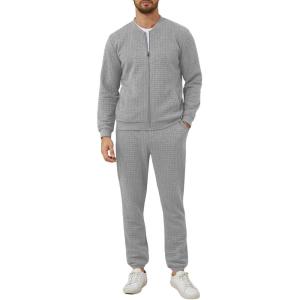imageUOUA Mens Tracksuit 2 Piece Sets Casual Sweatsuit with Full Zip Athletic Jogging Suits Waffle Plaid Jacquard OutfitsLightgrey