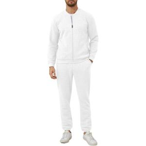 imageUOUA Mens Tracksuit 2 Piece Sets Casual Sweatsuit with Full Zip Athletic Jogging Suits Waffle Plaid Jacquard OutfitsWhite