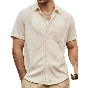 imageVATPAVE Mens Casual Waffle Shirt Short Sleeve Button Down Summer Shirts Loose Fit Beach ShirtsBeige