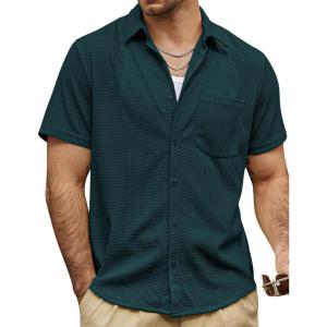 imageVATPAVE Mens Casual Waffle Shirt Short Sleeve Button Down Summer Shirts Loose Fit Beach ShirtsBlack Green