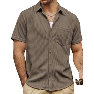imageVATPAVE Mens Casual Waffle Shirt Short Sleeve Button Down Summer Shirts Loose Fit Beach ShirtsKhaki