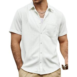 imageVATPAVE Mens Casual Waffle Shirt Short Sleeve Button Down Summer Shirts Loose Fit Beach ShirtsWhite