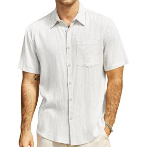 imageVATPAVE Mens Hawaiian Floral Shirts Cotton Linen Casual Button Down Short Sleeve Beach ShirtsBeige White