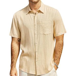 imageVATPAVE Mens Hawaiian Floral Shirts Cotton Linen Casual Button Down Short Sleeve Beach ShirtsKhaki