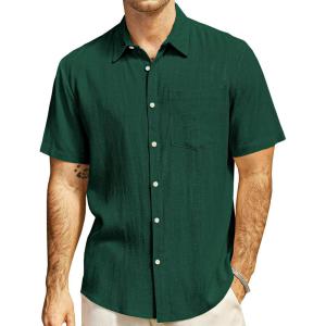 imageVATPAVE Mens Hawaiian Floral Shirts Cotton Linen Casual Button Down Short Sleeve Beach ShirtsPure Blackgreen