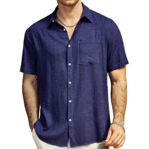 imageVATPAVE Mens Hawaiian Floral Shirts Cotton Linen Casual Button Down Short Sleeve Beach ShirtsPure Navy