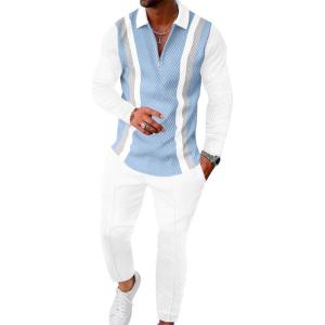 imageUOUA Mens 2 Piece Set Casual Outfits 14 Zip Polo Long Sleeve Shirt ampamp Pants Track Suit Loungewear Athletic SweatsuitWhite Blue Block