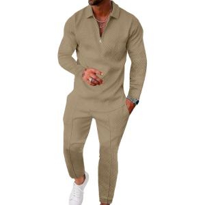 imageUOUA Mens 2 Piece Set Casual Outfits Polo Long Sleeve Shirt ampamp Pants Tracksuit Loungewear Athletic Jogger SweatsuitKhaki