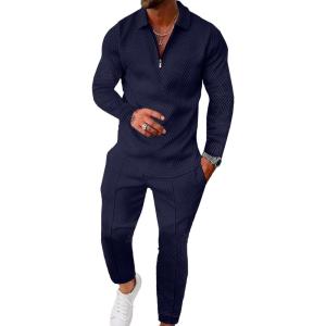 imageUOUA Mens 2 Piece Set Casual Outfits Polo Long Sleeve Shirt ampamp Pants Tracksuit Loungewear Athletic Jogger SweatsuitNavy Blue