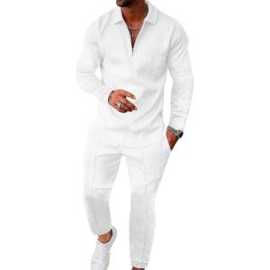 imageUOUA Mens 2 Piece Set Casual Outfits Polo Long Sleeve Shirt ampamp Pants Tracksuit Loungewear Athletic Jogger SweatsuitWhite