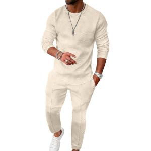 imageUOUA Mens 2 Piece Sweat Suits Set Long Sleeve Sweatshirt Jogging Sweatpants Tracksuits OutfitsBeige