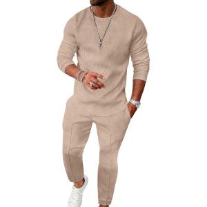 imageUOUA Mens 2 Piece Sweat Suits Set Long Sleeve Sweatshirt Jogging Sweatpants Tracksuits OutfitsKhaki