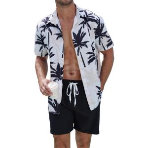 imageUOUA Mens Beach 2 Piece Outfits Hawaiian Flower Button Down Shirts and Shorts Sets WhitePalm M