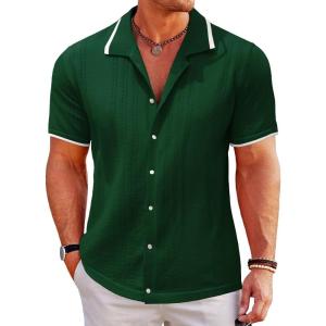 imageUOUA Mens Knit Button Down Shirt Short Sleeve Vintage Shirts Breathable Summer Beach TopsArmy Green