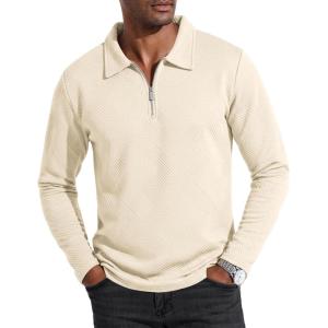 imageUOUA Mens Polo Shirt Quarter Zip Tops Soild Casual Geometric Texture Long Sleeve Sweaters Pullover Golf SweatshirtsApricot