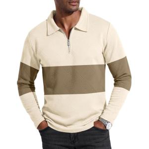 imageUOUA Mens Polo Shirt Quarter Zip Tops Soild Casual Geometric Texture Long Sleeve Sweaters Pullover Golf SweatshirtsBeige Block