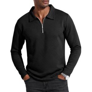 imageUOUA Mens Polo Shirt Quarter Zip Tops Soild Casual Geometric Texture Long Sleeve Sweaters Pullover Golf SweatshirtsBlack