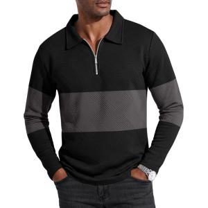 imageUOUA Mens Polo Shirt Quarter Zip Tops Soild Casual Geometric Texture Long Sleeve Sweaters Pullover Golf SweatshirtsBlack Block