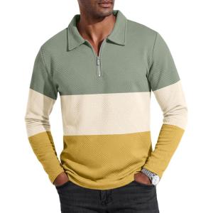 imageUOUA Mens Polo Shirt Quarter Zip Tops Soild Casual Geometric Texture Long Sleeve Sweaters Pullover Golf SweatshirtsGreen Block