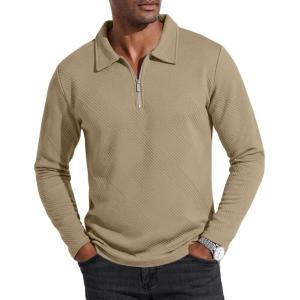 imageUOUA Mens Polo Shirt Quarter Zip Tops Soild Casual Geometric Texture Long Sleeve Sweaters Pullover Golf SweatshirtsKhaki