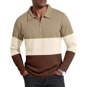 imageUOUA Mens Polo Shirt Quarter Zip Tops Soild Casual Geometric Texture Long Sleeve Sweaters Pullover Golf SweatshirtsKhaki Block