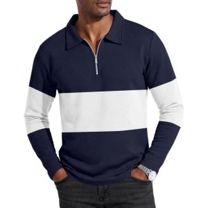 imageUOUA Mens Polo Shirt Quarter Zip Tops Soild Casual Geometric Texture Long Sleeve Sweaters Pullover Golf SweatshirtsNavy Block