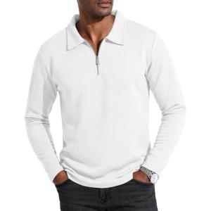 imageUOUA Mens Polo Shirt Quarter Zip Tops Soild Casual Geometric Texture Long Sleeve Sweaters Pullover Golf SweatshirtsWhite