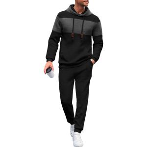 imageUOUA Mens Tracksuit 2 Piece Hoodie ampamp Sweatpants Set Waffle Jacquard Sweatsuit Outfits Casual Jogging SuitsBlack