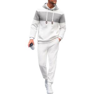 imageUOUA Mens Tracksuit 2 Piece Hoodie ampamp Sweatpants Set Waffle Jacquard Sweatsuit Outfits Casual Jogging SuitsWhite