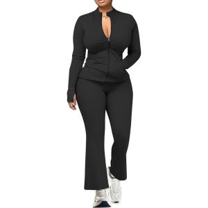 imageUOUA Womens 2 Piece Set Long Sleeve Zip Jacket ampamp Wide Leg Flare Pants Casual Matching Outfit Tracksuit SweatsuitBlack