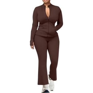 imageUOUA Womens 2 Piece Set Long Sleeve Zip Jacket ampamp Wide Leg Flare Pants Casual Matching Outfit Tracksuit SweatsuitBrown