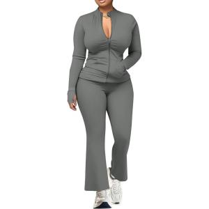 imageUOUA Womens 2 Piece Set Long Sleeve Zip Jacket ampamp Wide Leg Flare Pants Casual Matching Outfit Tracksuit SweatsuitGrey