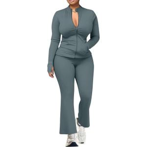 imageUOUA Womens 2 Piece Set Long Sleeve Zip Jacket ampamp Wide Leg Flare Pants Casual Matching Outfit Tracksuit SweatsuitGreyblue