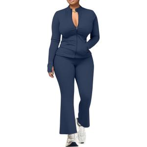 imageUOUA Womens 2 Piece Set Long Sleeve Zip Jacket ampamp Wide Leg Flare Pants Casual Matching Outfit Tracksuit SweatsuitNavy