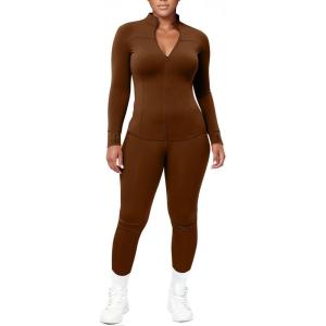 imageUOUA Womens Workout Set Two Piece Outfits Bodycon Long Sleeve Zipper Jacket ampamp Leggings for Gym TracksuitBrown