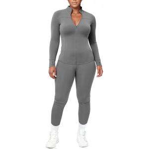 imageUOUA Womens Workout Set Two Piece Outfits Bodycon Long Sleeve Zipper Jacket ampamp Leggings for Gym TracksuitGrey